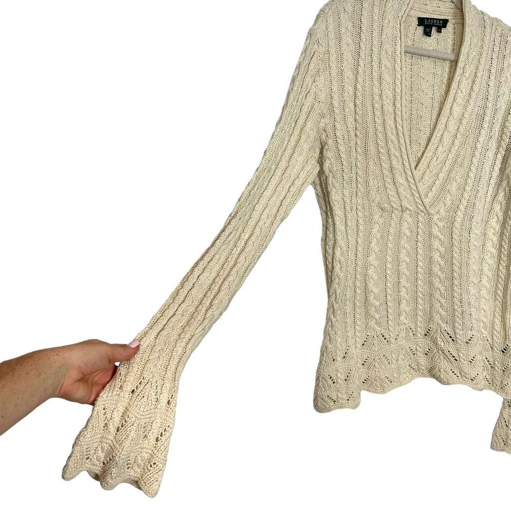 Ralph Lauren Womens Cable Knit Shawl V Neck Sweater XL Cream Ivory Cotton - Picture 6 of 12
